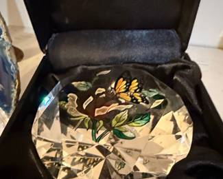 Amia Studios Hand Painted Crystal Butterfly and Rose Paperweight