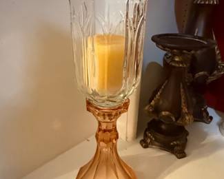 Vintage Pink Depression Glass Candle Holder with Etched Hurricane Shade