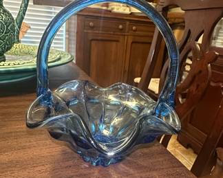 Viking Glass Bluenique Cerulean Blue Glass Serving Bowl Basket
