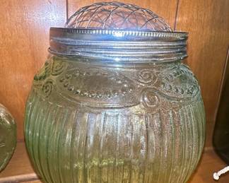 Vintage Green Glass Flower Frog Bowl with Embossed Scrollwork and Bead Detail
