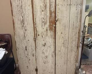 Antique Primitive Two-Door Pine Wardrobe with Chippy White Paint
