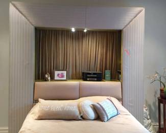 Custom Upholstered Headboard with Integrated Nightstands for Queen Bed