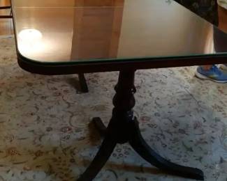 Vintage Drexel GlassTopped Pedestal Dining Table with Leaf  Protective Pad