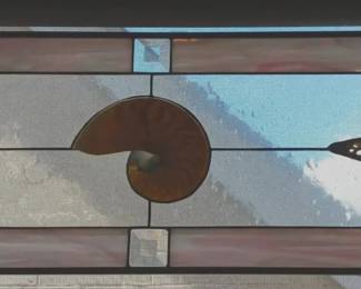 Stained Glass Window Panel with Ammonite  Fossil Design