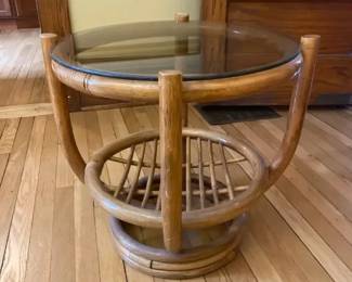 Vintage Round Bamboo  Rattan GlassTop Side Table