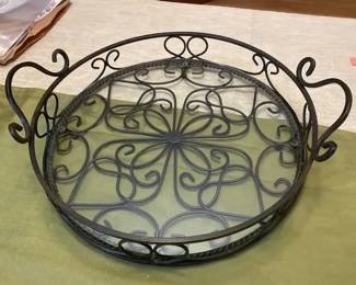 Southern Living at Home  Decorative Metal  Glass Serving Tray with Scrollwork Handles