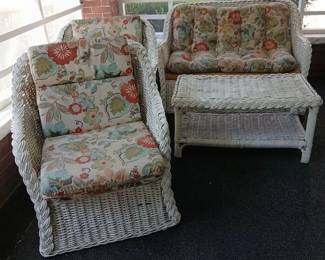 4Piece White Wicker Patio Conversation Set with Cushions Loveseat, Two Chairs, and Table