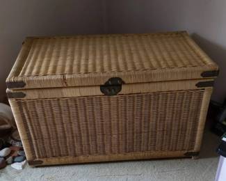 Vintage Woven Rattan Storage Trunk with Hinged Lid