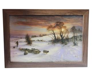 Herding Sheep in a Winter Landscape at Sunset Framed Print by Joseph Farquharson 17 x 24.5