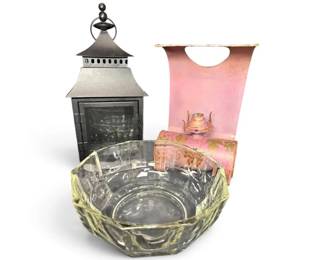 Pink Candleholder, Black Lantern, and Glass Bowl