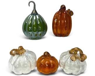 Five Glass Pumpkins Green, Orange, Clear Iridescent
