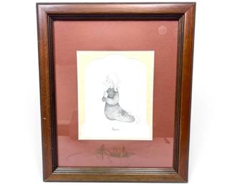 Framed P. Buckley Moss Pencil Sketch of Young Girl Praying