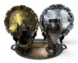 Silver GoldToned English Trays, Pots, Shakers