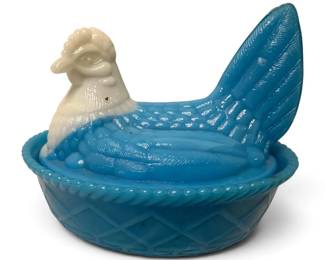 Blue White Slag Glass Hen on Nest