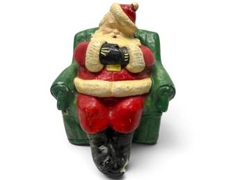 Vintage Chalkware Santa Sleeping on Green Chair Coin Bank