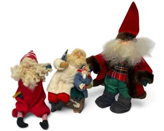 Three Stuffed Christmas Santa Figurines