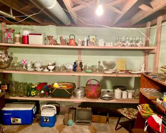 Coolers, punch bowl complete set, and assorted items. Cookie jar and picnic basket sold.