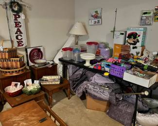 Kitchen items and side tables plus bedding