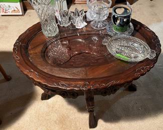 Antique coffee table with inlay and glass top