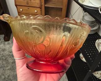 Vintage Jeannette Glass Amberina Iris and Herringbone Footed Bowl