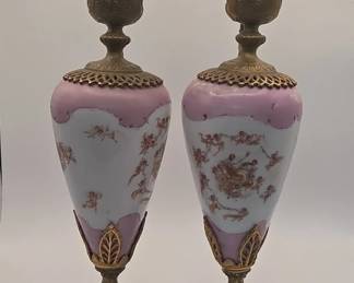 Hand Painted Porcelain And Brass Urns