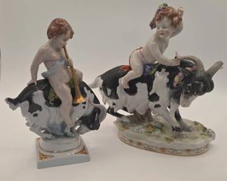 Antique German Figurines, Both Depicting Bacchus Riding A Billy Goat