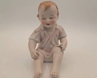 Antique Gebruder Heubach German Bisque Piano Baby In Pink Floral Outfit With Raised Beads