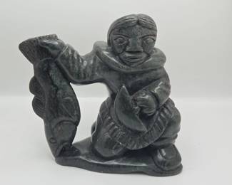 009 Soapstone Mother And Child With Fish By Isa Aupasukta