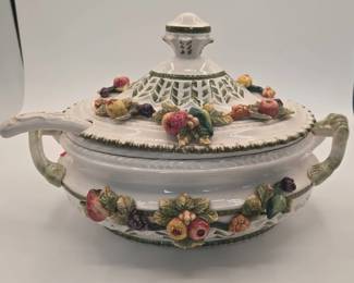 Vintage Capodimonte Soup Tureen Featuring Hand Painted Ceramic Fruit And Leaves
