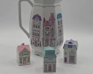 Lenox Village Pitcher And 3 Porcelain Spice Jars