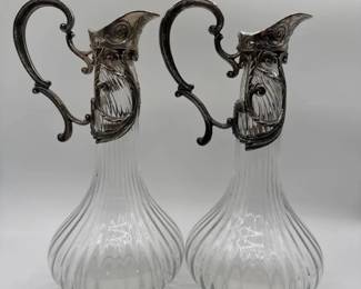 Set Of 2 Glass And Silver Plated Decanters