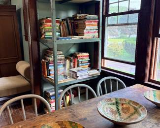 Cookbooks, pottery, framed table