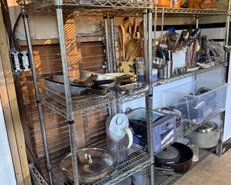 Pots, pans, wooden spoons, whisks, spatulas, measuring cups, mandolins, knife blocks