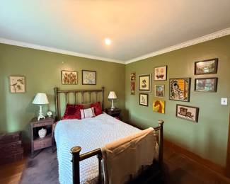Full size brass bed, vintage lamps, side tables, needlepoint collection, bedding, throws
