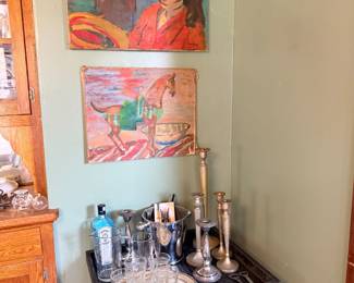 Vintage artwork, folding bar table, vases