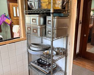 Baking pans, cookie cutters, stainless steel bowls of every size, pizza pans, muffin pans sheet trays, 