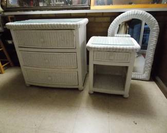 White wicker dresser, night stand and mirror on discount