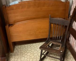 Pair of twin bed frames, child’s oak rocker needs a seat