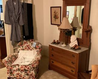 Man’s robe, marble topped dresser with mirror