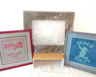 Lot 164: Barn Board Picture Frame and 2 Framed Advertising T-shirts