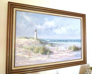 Lot 43: MCM Signed Gordon Lighthouse Seascape Painting Framed