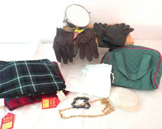 Lot 183: Ladie's lot of Gloves Jewelry Mirror and Linens