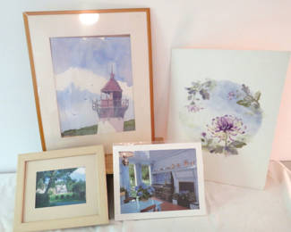 Lot 161: Assorted 4 piece Art Lot Floral Lighthouse