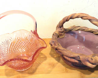 Lot 45: 2 Pink Baskets Glass and Signed Ceramic
