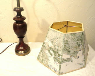 Lot 107: Wooden table lamp with hexagonal Lake Winnie map-printed shade