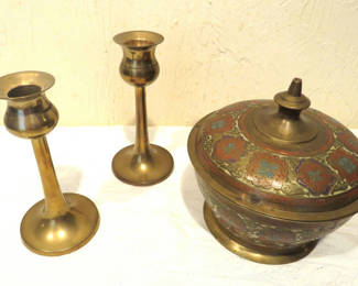 Lot 104: Lidded Brass & Enamel Bowl with Brass Candlesticks
