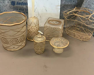 Lot 191: Gold-tone bathroom vanity decor set