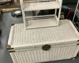 Lot 148: White Wicker Chest, Small Shelf, Fake Plant