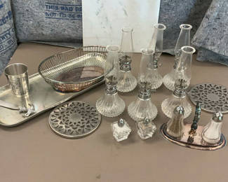 Lot 175: vintage small glass oil lamps, silver plate, etc.