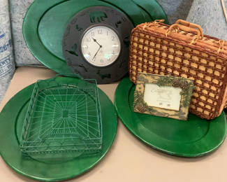 Lot 190: Green and natural home decor items: clock, platters, baskets, and framed Elements artwork
